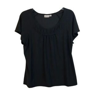Kim Rogers Petite Black Top Short Sleeve Ruffle Neckline Blouse